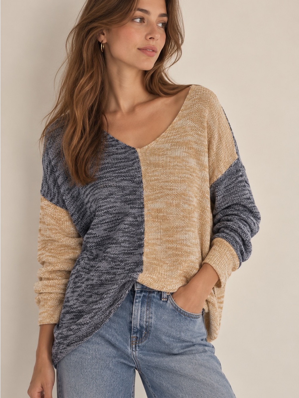 Urban Outfitters Two-Tone V-Neck Oversized Knit Sweater - Blue & Tan Size S